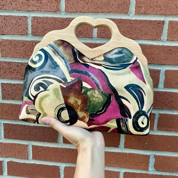 Abstract Print Cowhide Leather Handmade Wooden Frame Bag Includes 2 Strap Styles - Picture 2 of 16